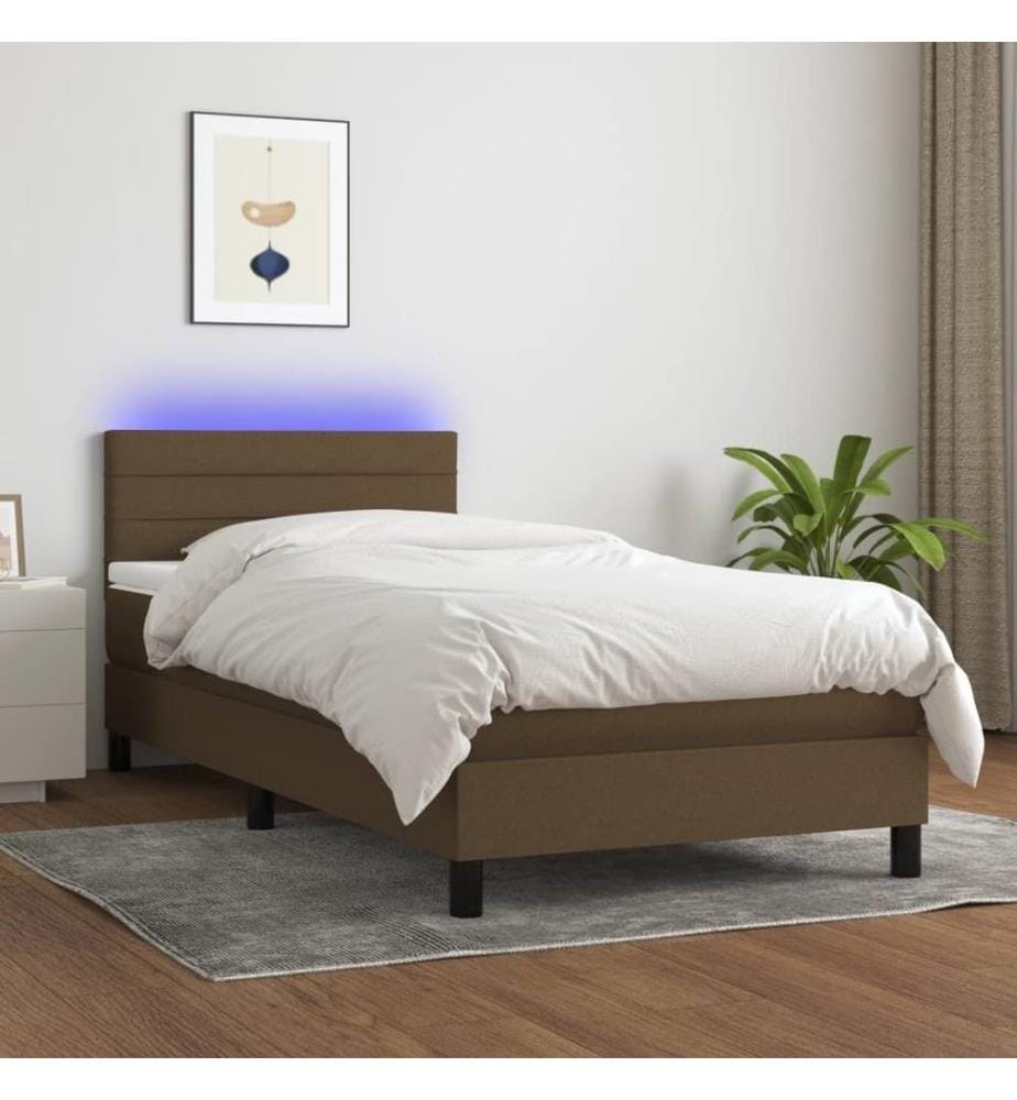 Sommier tapissier et matelas et LED Marron foncé 90x190cm Tissu