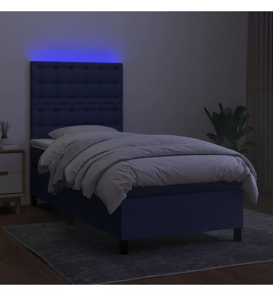 Sommier tapissier avec matelas et LED Bleu 90x190 cm Tissu