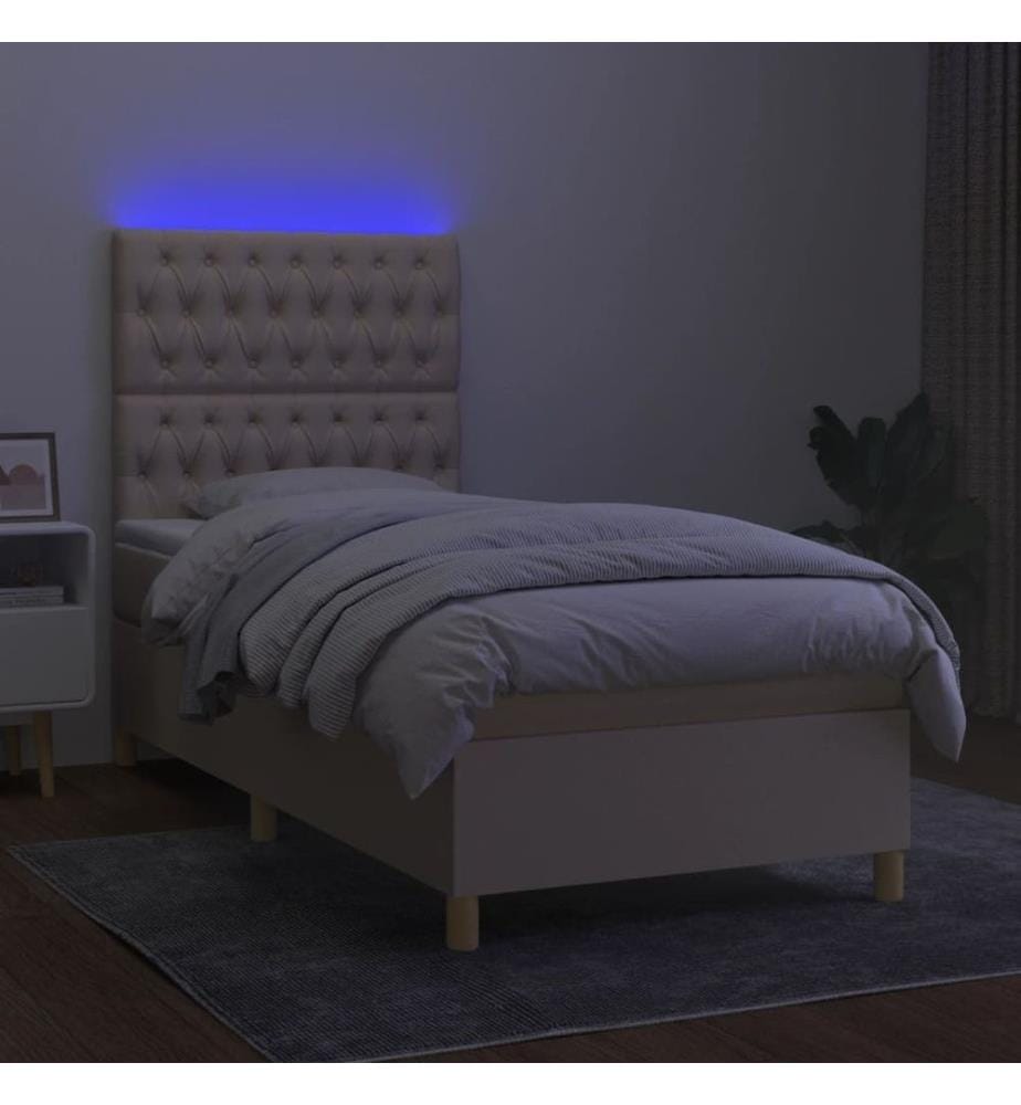 Sommier tapissier avec matelas et LED Crème 90x200 cm Tissu