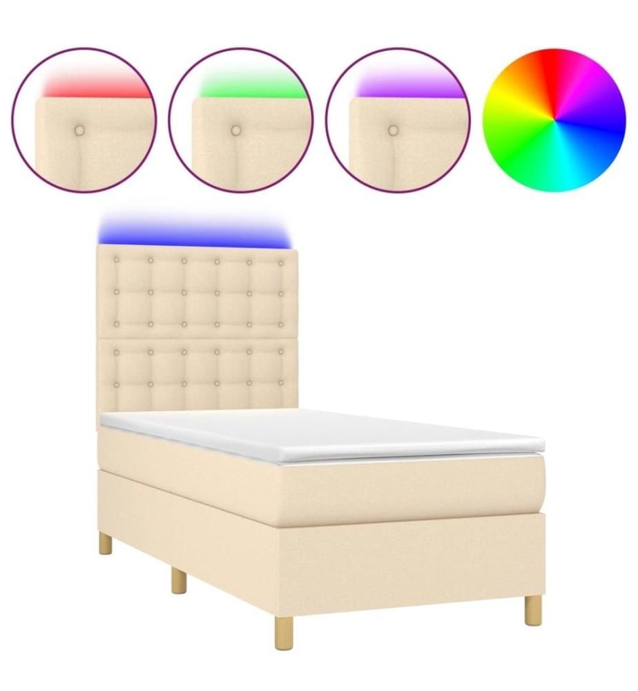 Sommier tapissier avec matelas et LED Crème 90x190 cm Tissu