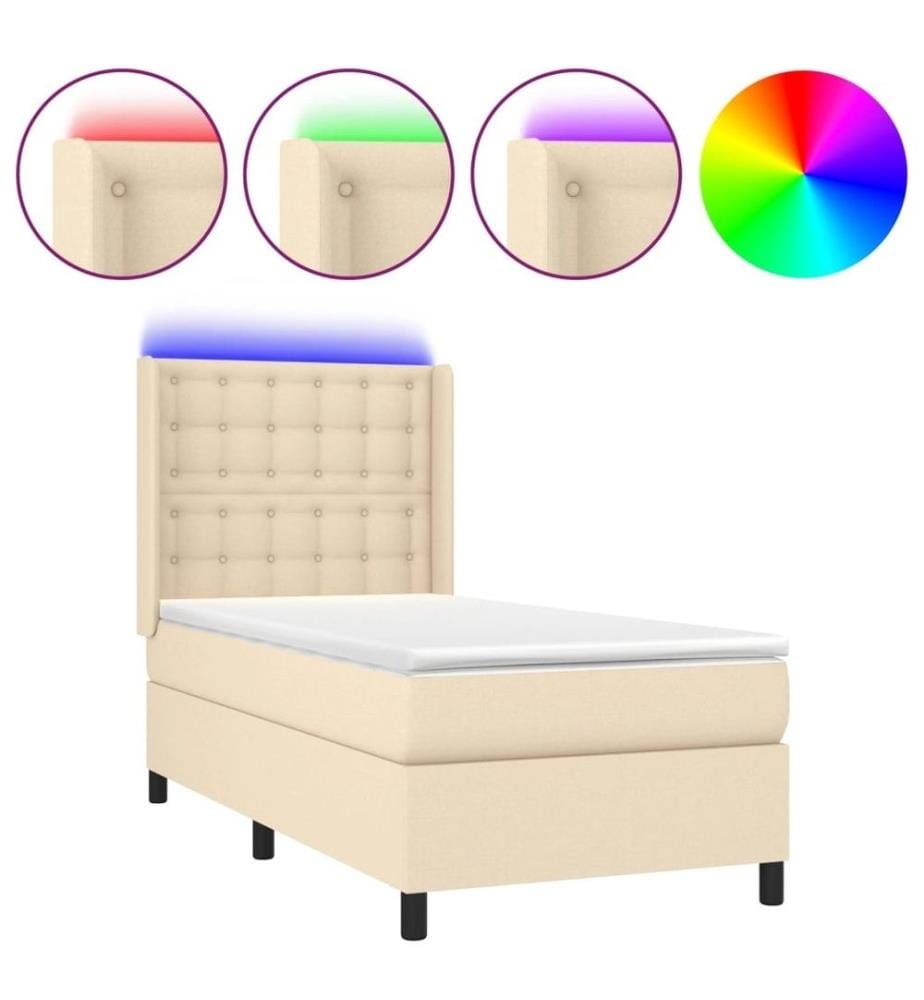 Sommier tapissier avec matelas et LED Crème 90x190 cm Tissu