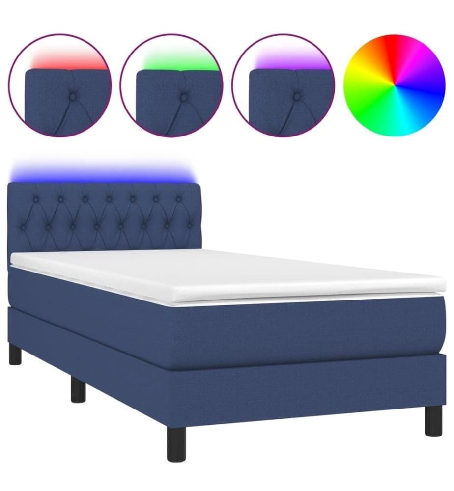 Sommier tapissier avec matelas et LED Bleu 90x190 cm Tissu