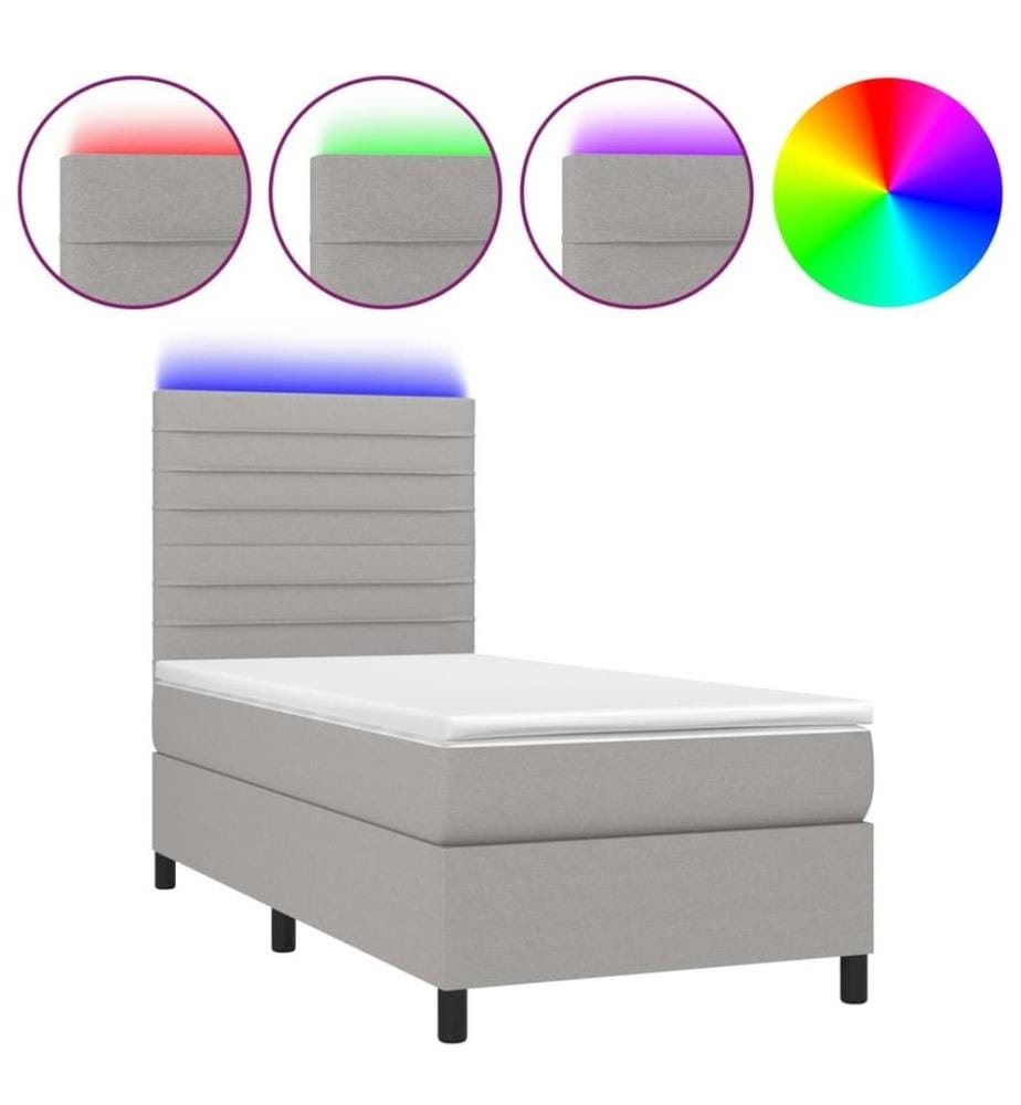 Sommier tapissier avec matelas et LED Gris clair 90x200cm Tissu