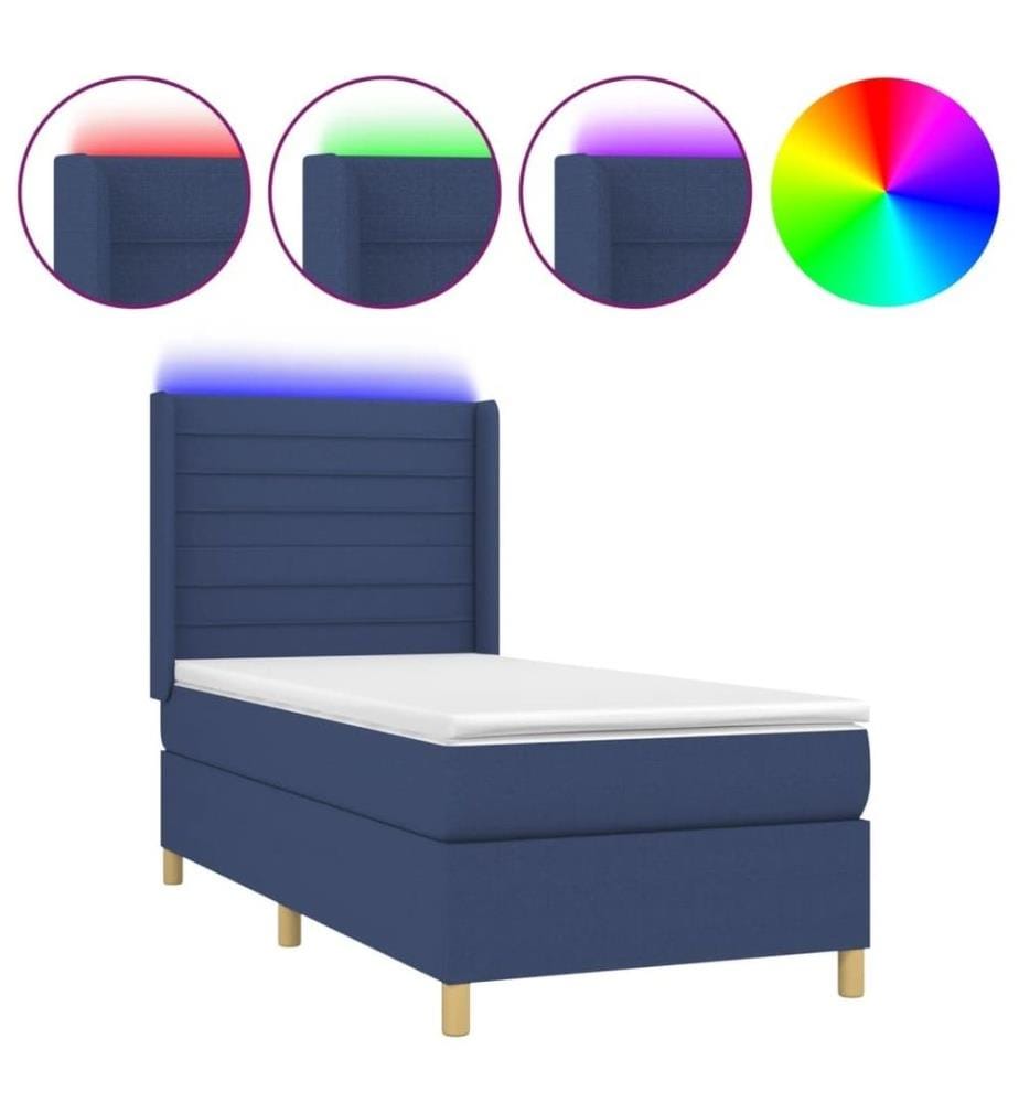 Sommier tapissier avec matelas et LED Bleu 90x200 cm Tissu