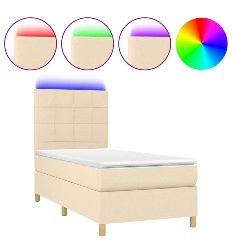 Sommier tapissier avec matelas et LED Crème 90x200 cm Tissu