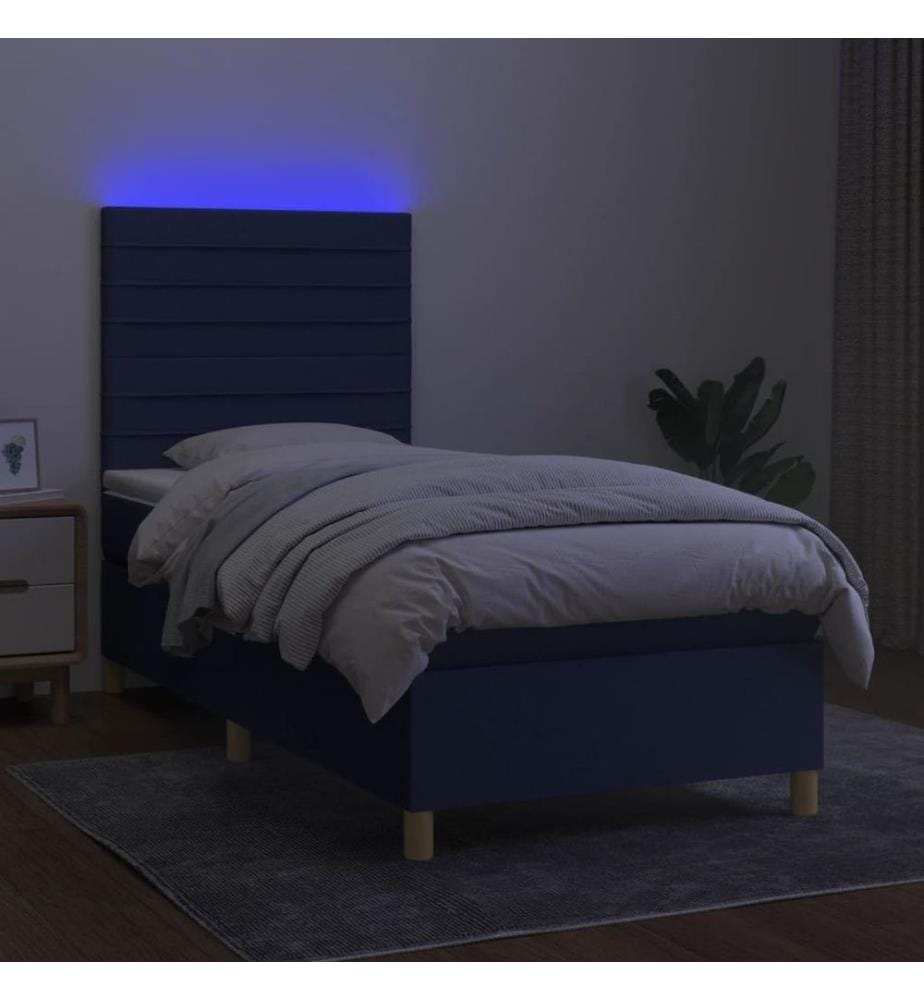 Sommier tapissier avec matelas et LED Bleu 90x190 cm Tissu