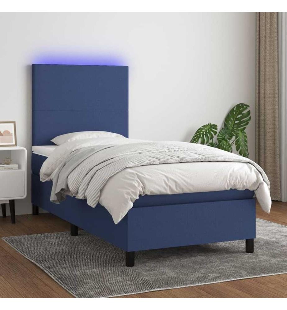 Sommier tapissier avec matelas et LED Bleu 90x190 cm Tissu