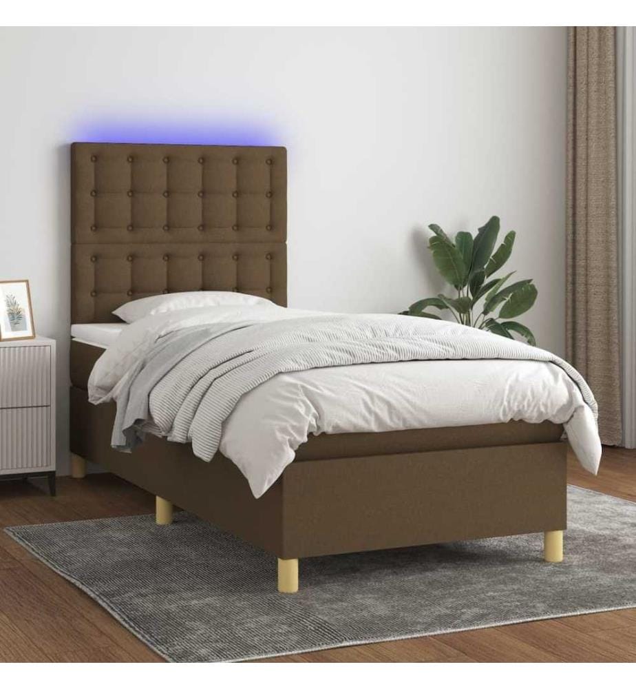 Sommier tapissier et matelas et LED Marron foncé 80x200cm Tissu