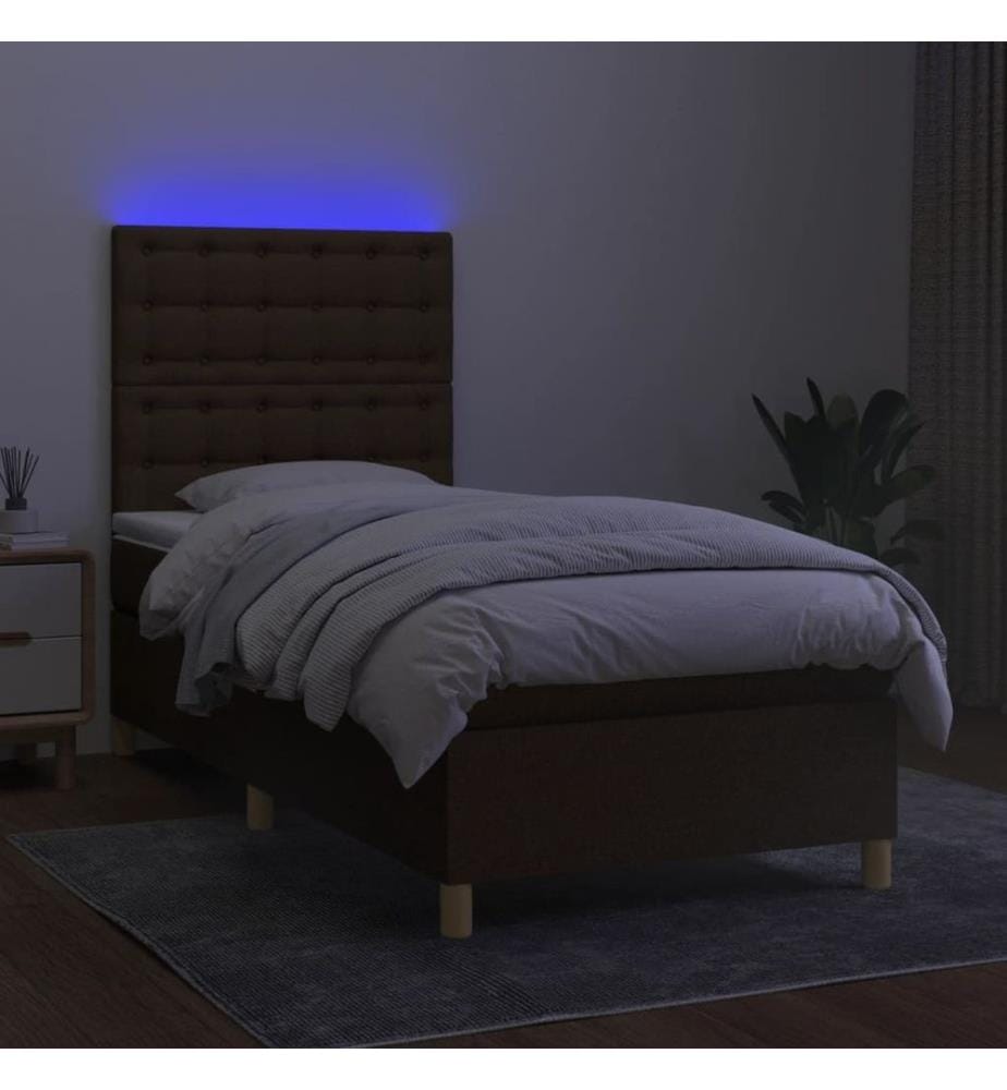 Sommier tapissier et matelas et LED Marron foncé 80x200cm Tissu