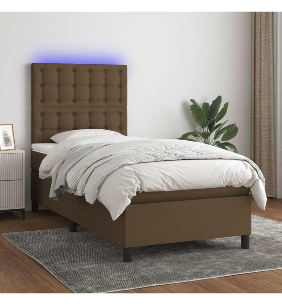 Sommier tapissier et matelas et LED Marron foncé 80x200cm Tissu