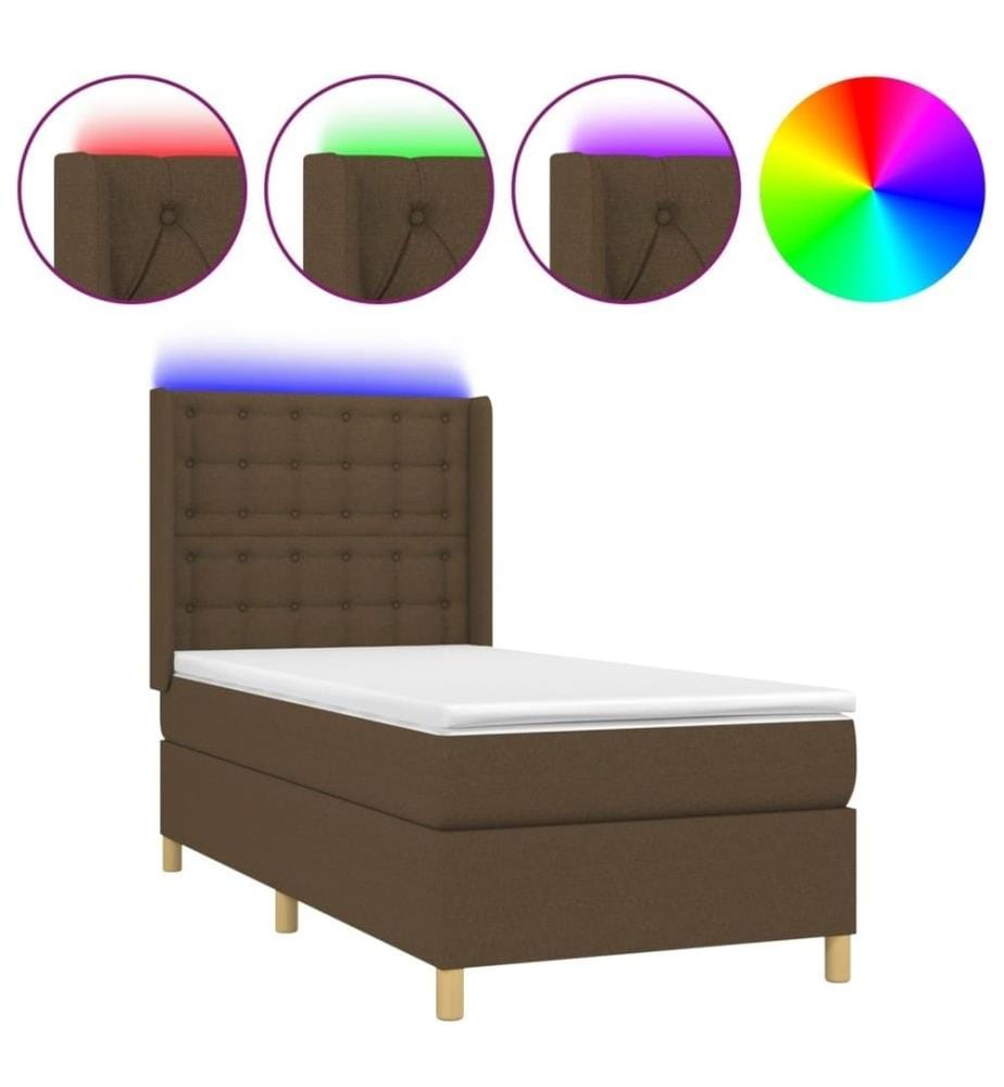 Sommier tapissier et matelas et LED Marron foncé 80x200cm Tissu