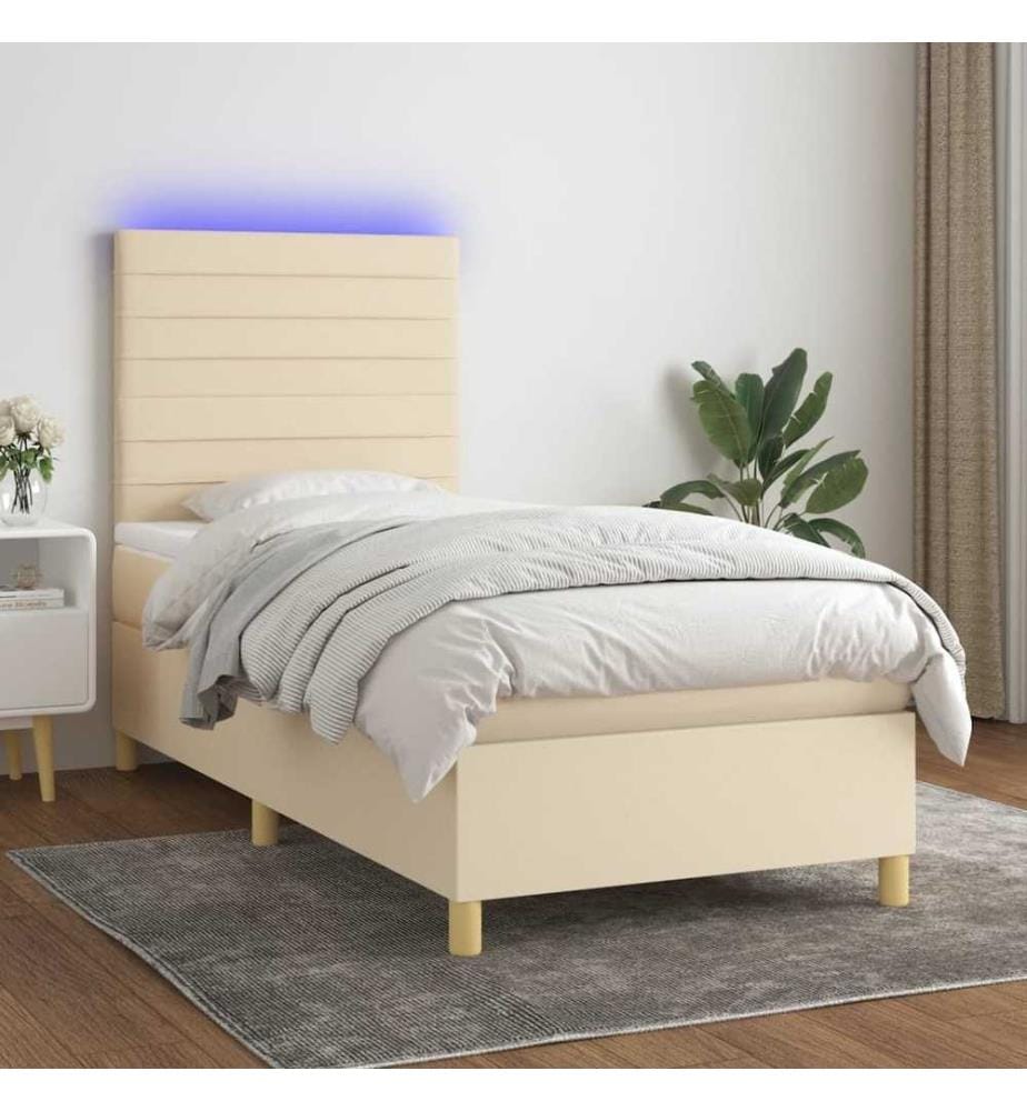 Sommier à lattes de lit et matelas et LED Crème 90x200 cm Tissu