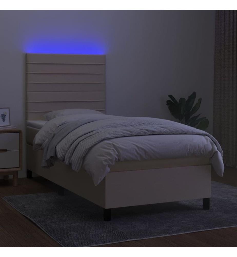 Sommier à lattes de lit et matelas et LED Crème 90x200 cm Tissu
