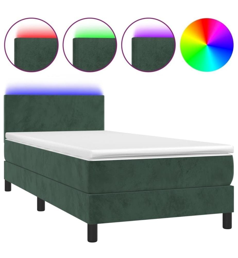 Sommier à lattes de lit avec matelas et LED Vert foncé 90x200cm