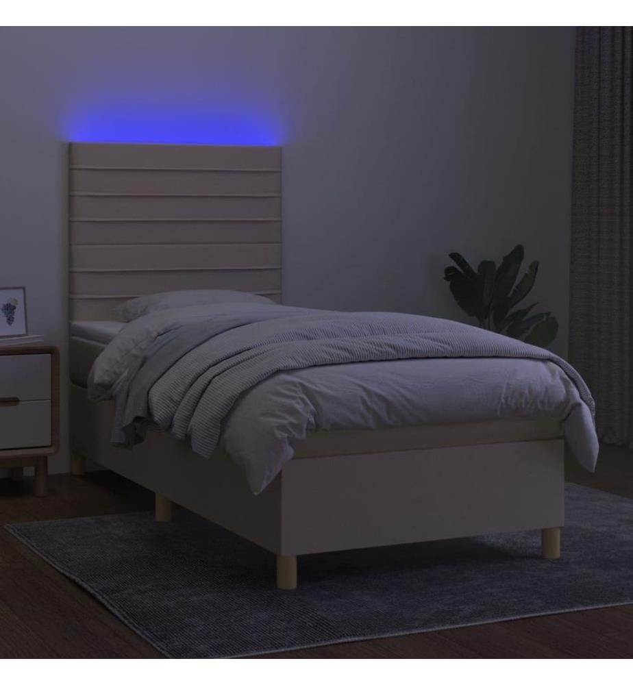 Sommier à lattes de lit et matelas et LED Crème 90x190 cm Tissu