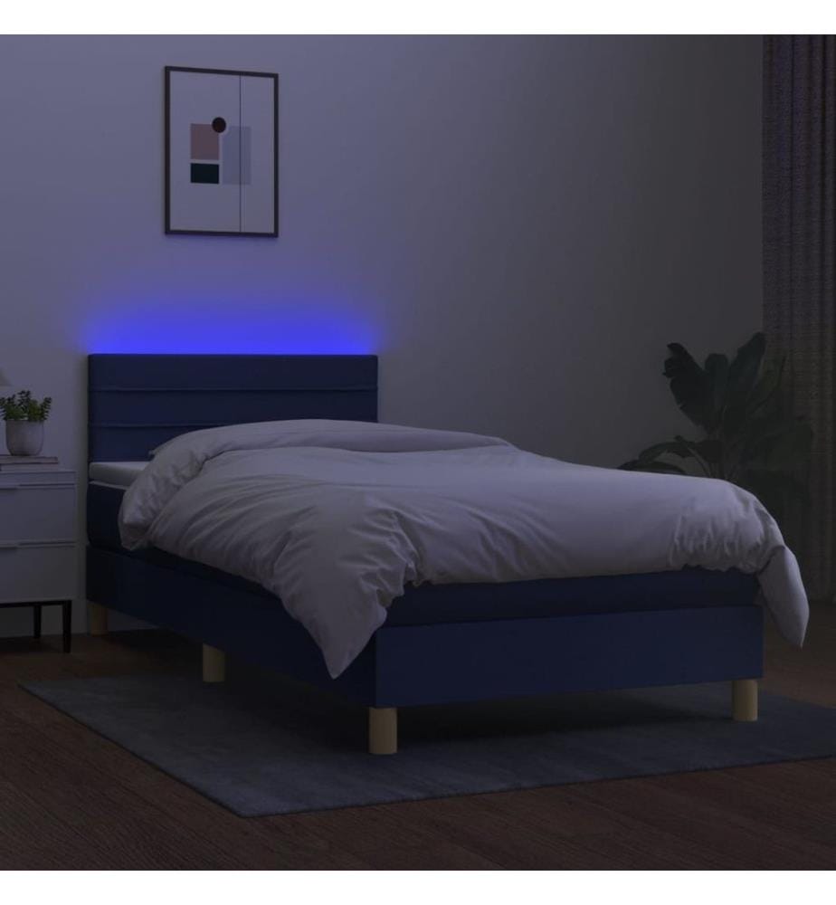 Sommier à lattes de lit avec matelas et LED Bleu 90x190cm Tissu