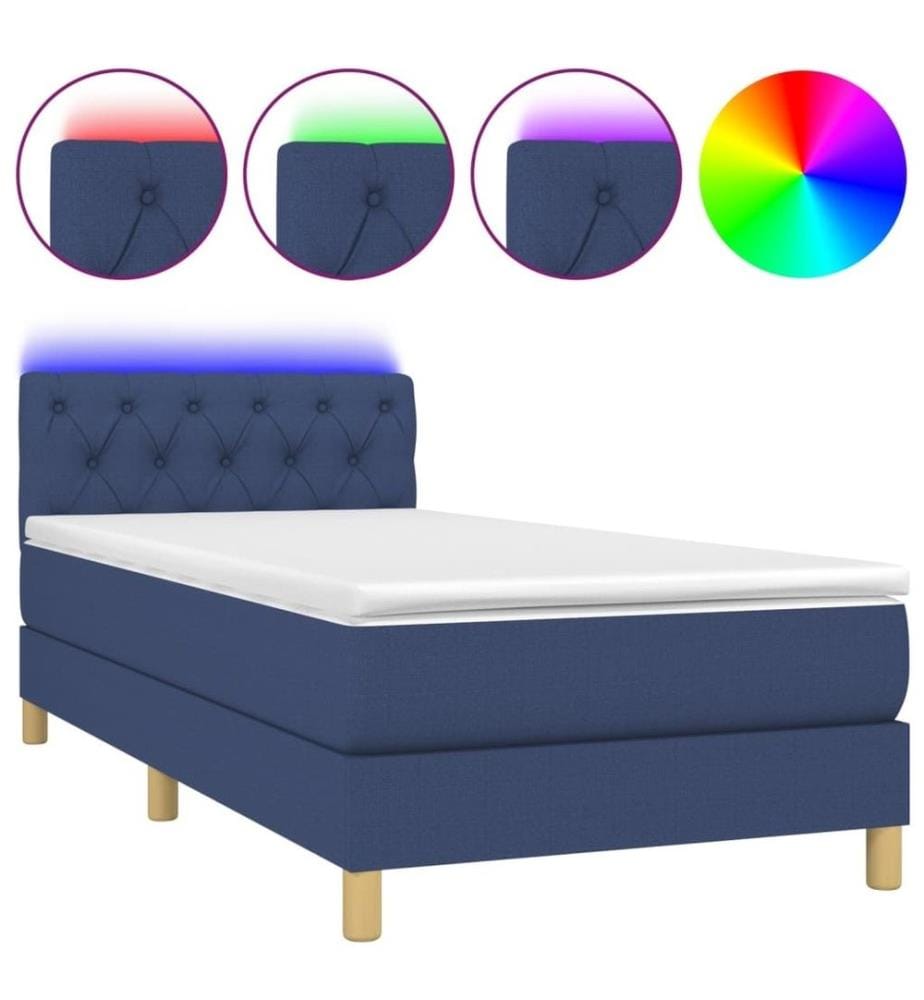 Sommier à lattes de lit avec matelas et LED Bleu 80x200cm Tissu