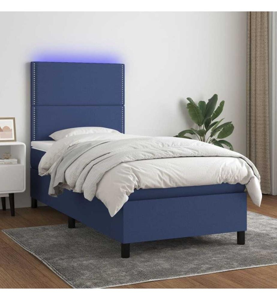 Sommier à lattes de lit avec matelas et LED Bleu 90x200cm Tissu
