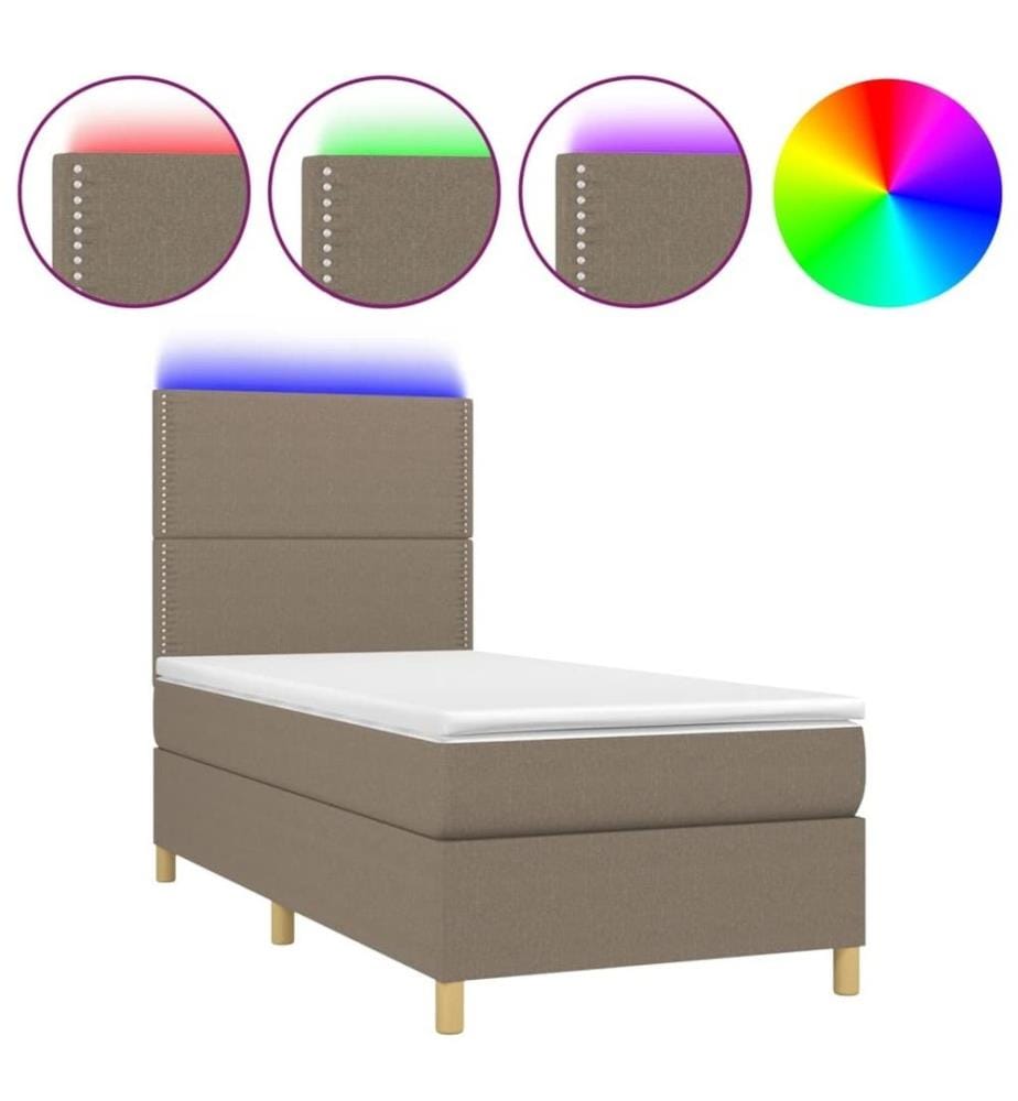 Sommier à lattes de lit et matelas et LED Taupe 90x190 cm Tissu