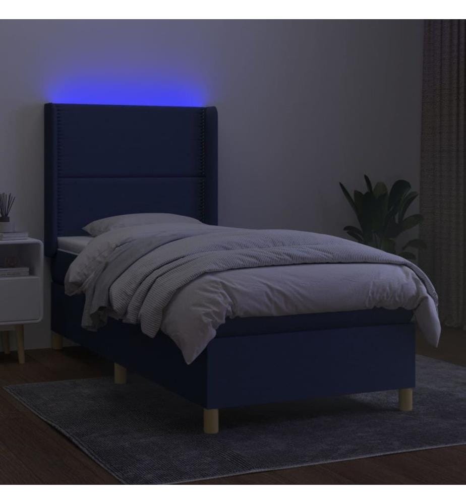 Sommier à lattes de lit matelas et LED Bleu 90x200 cm Tissu