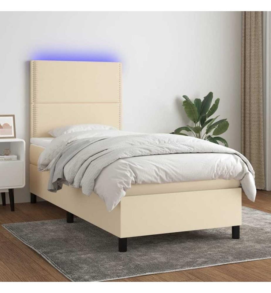 Sommier à lattes de lit et matelas et LED Crème 90x190 cm Tissu