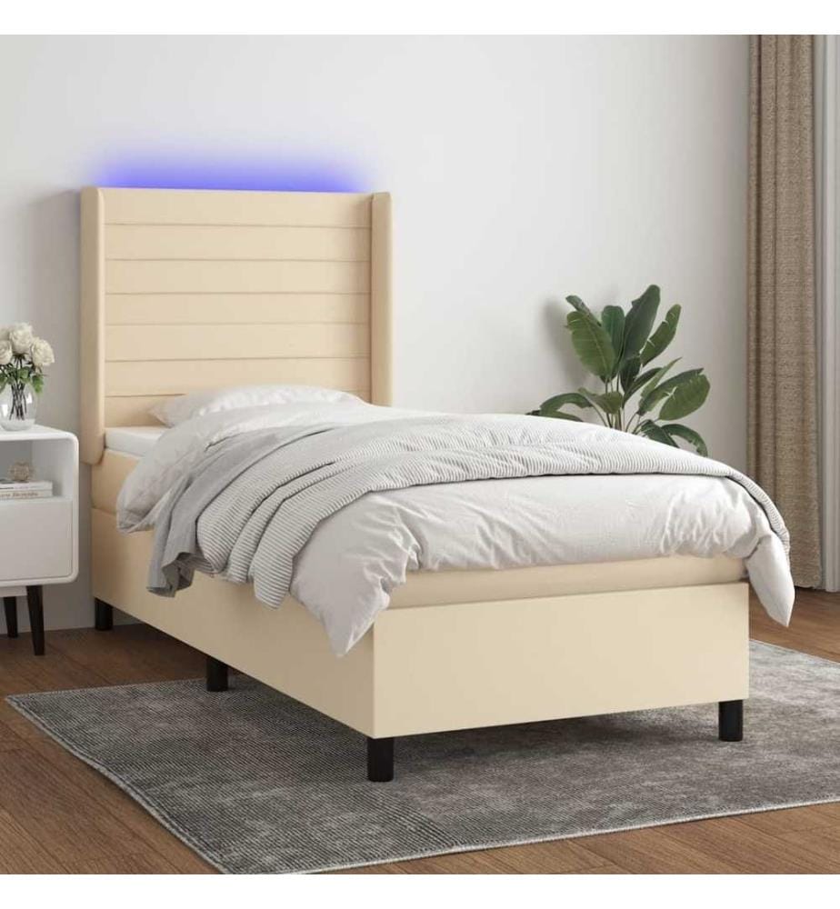 Sommier à lattes de lit matelas et LED Crème 90x190 cm Tissu