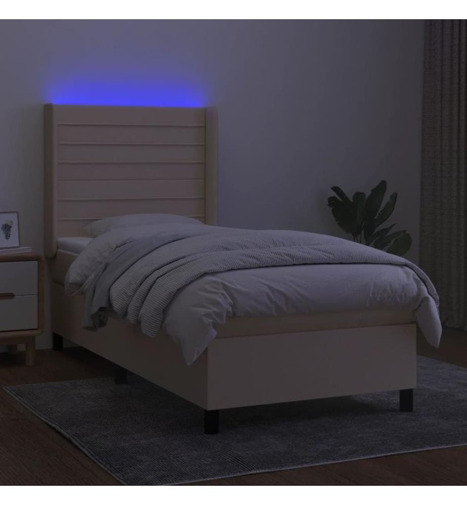 Sommier à lattes de lit matelas et LED Crème 90x190 cm Tissu