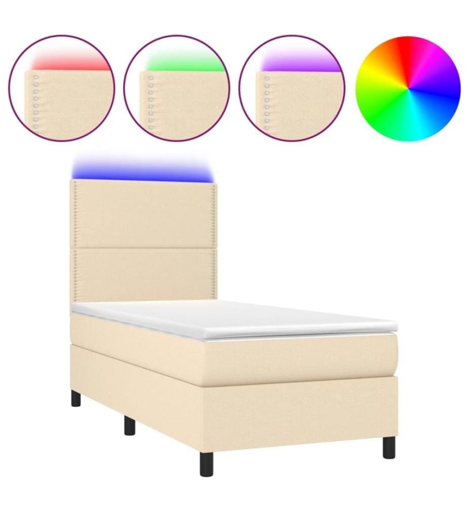 Sommier à lattes de lit et matelas et LED Crème 90x200 cm Tissu