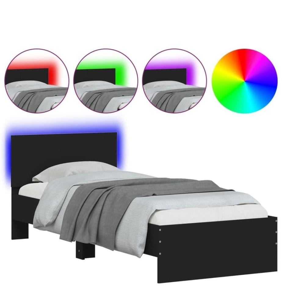 Cadre de lit avec tête de lit et lumières LED noir 90x200 cm