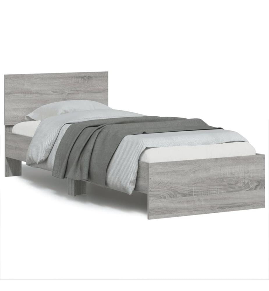 Bettgestell mit Kopfteil und LED-Leuchten Grau Sonoma 90x200 cm