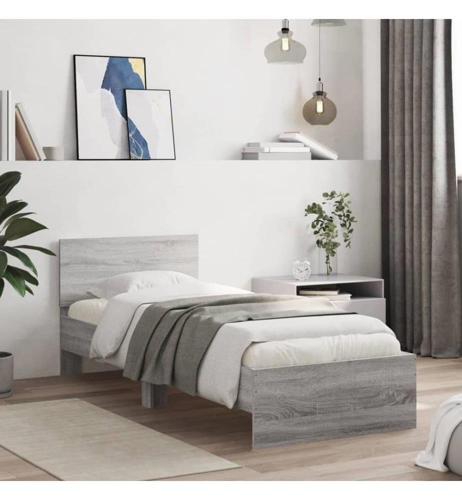 Cadre de lit tête de lit et lumières LED sonoma gris 90x200 cm