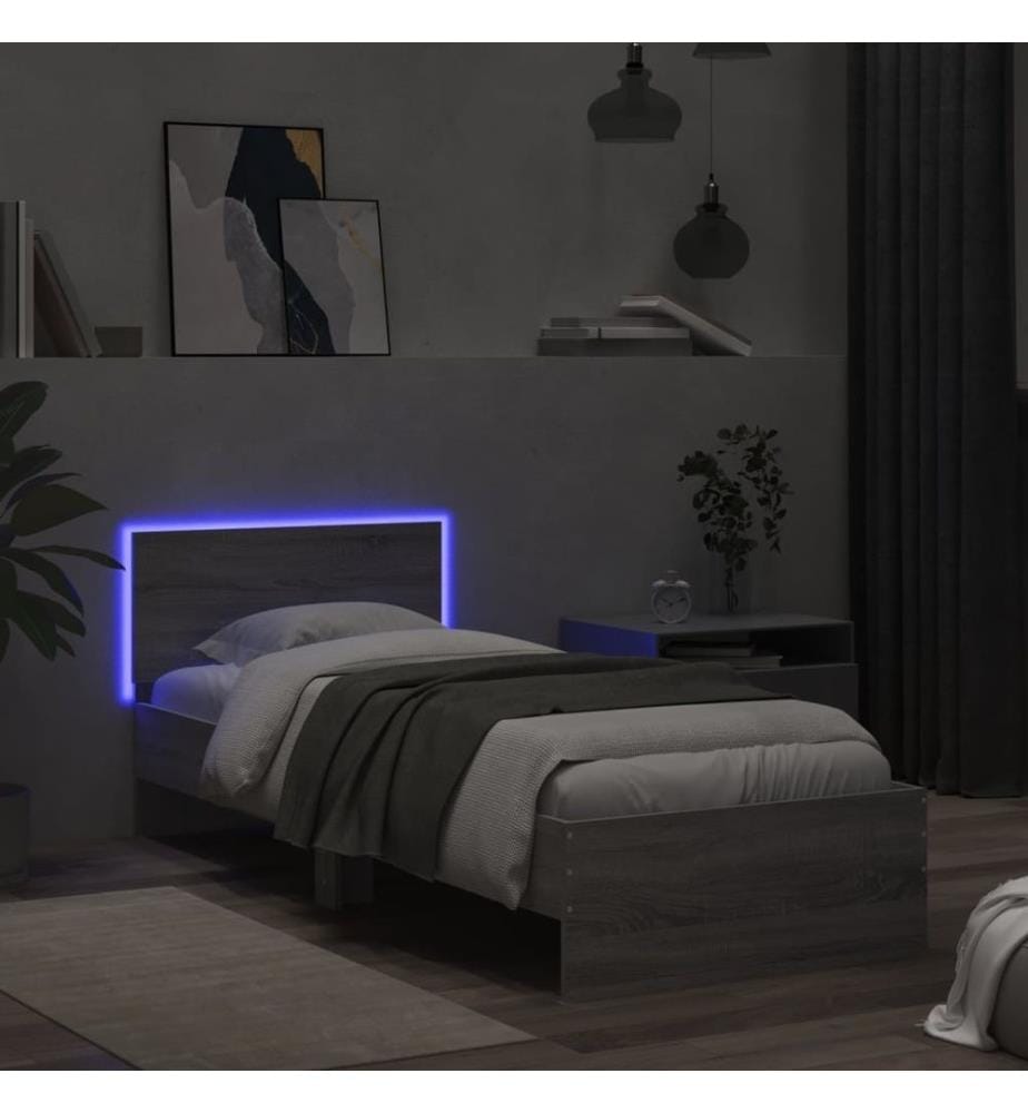 Cadre de lit tête de lit et lumières LED sonoma gris 90x200 cm