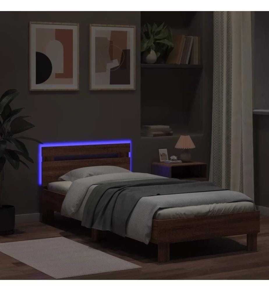 Cadre de lit tête de lit et lumières LED chêne marron 90x200 cm