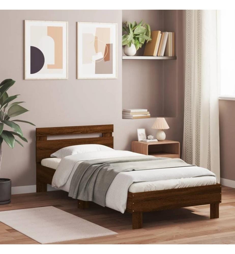 Cadre de lit tête de lit et lumières LED chêne marron 90x190 cm