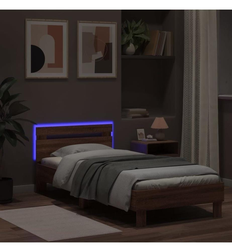 Cadre de lit tête de lit et lumières LED chêne marron 90x190 cm