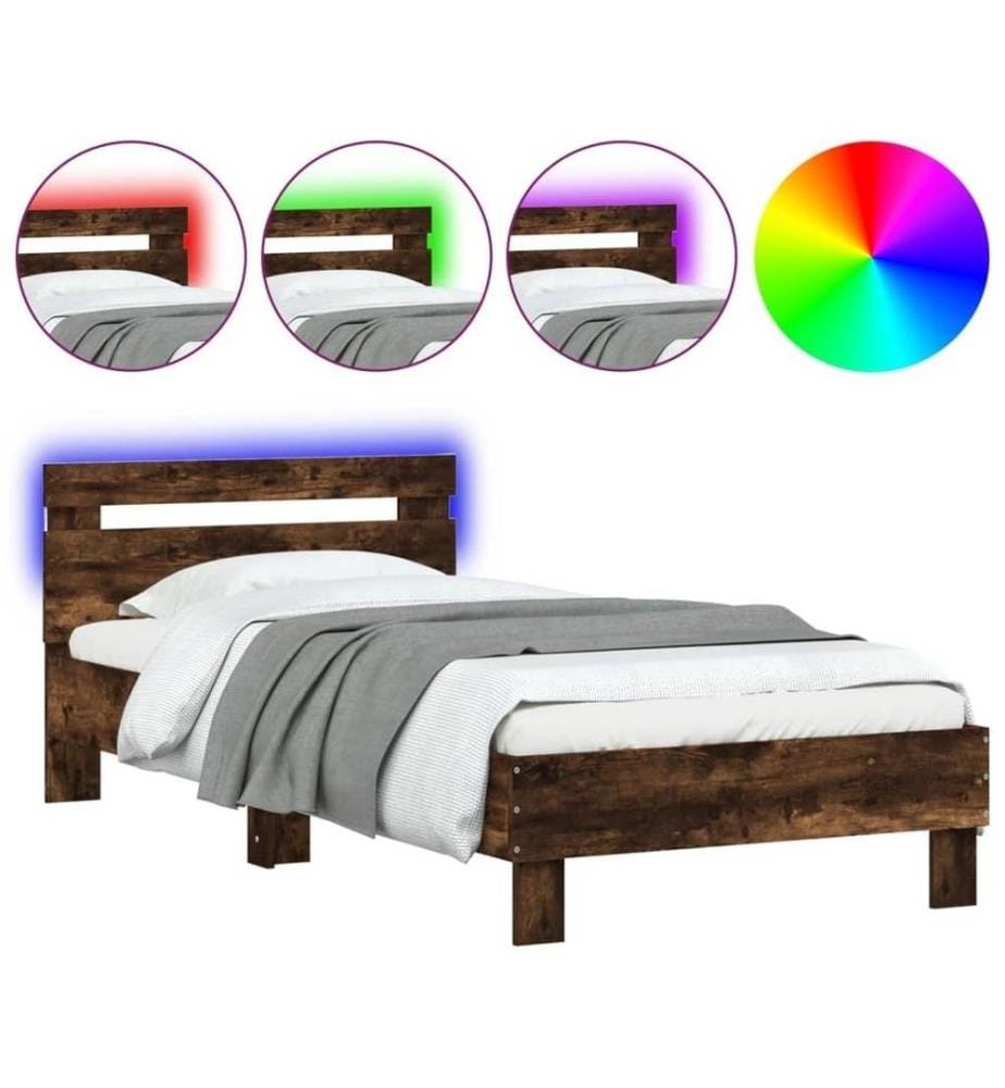 Bettgestell mit Kopfteil und LED-Leuchten Räuchereiche 75x190cm