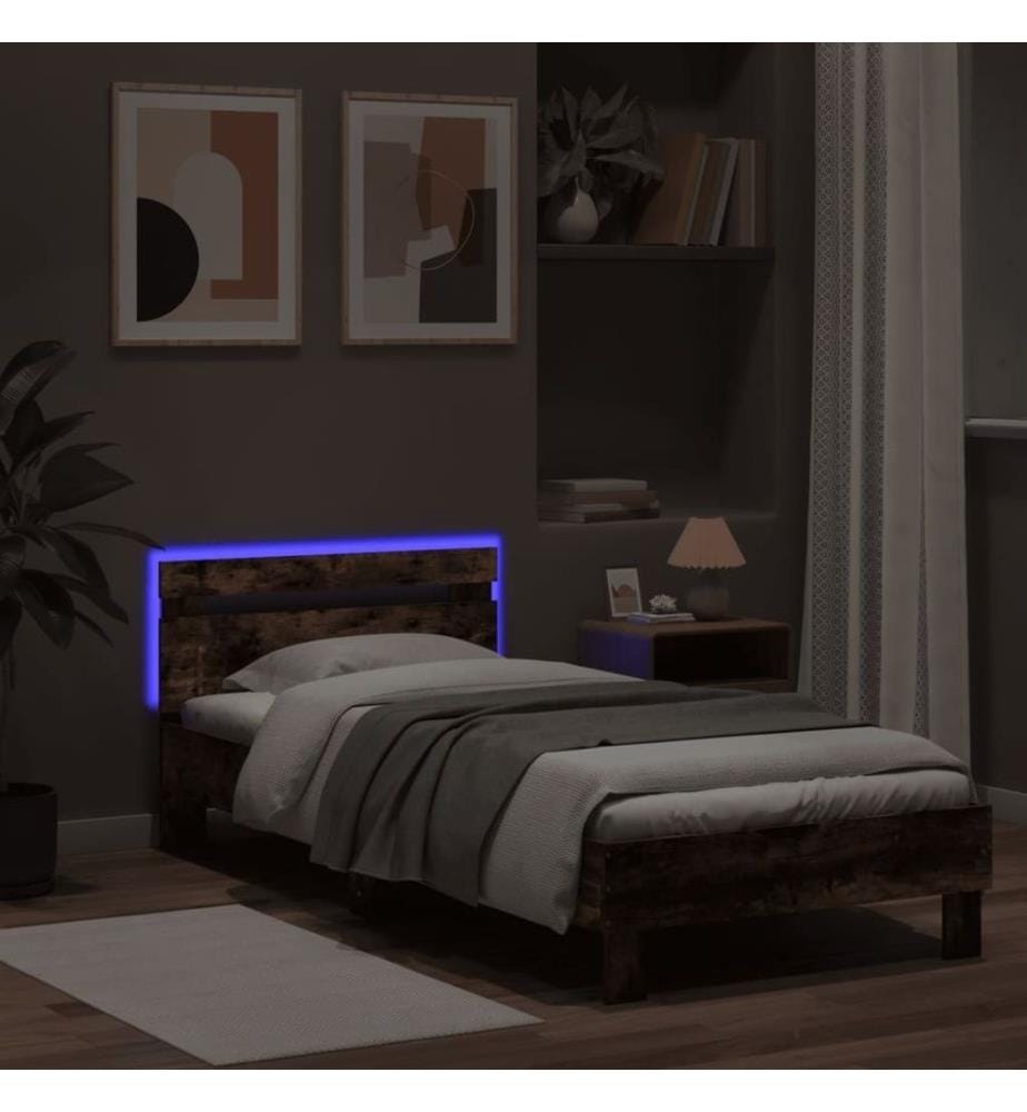 Bettgestell mit Kopfteil und LED-Leuchten Räuchereiche 75x190cm