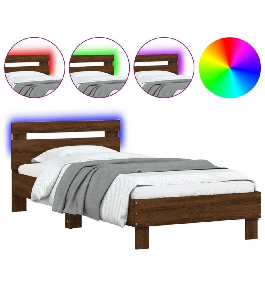 Cadre de lit tête de lit et lumières LED chêne marron 75x190 cm