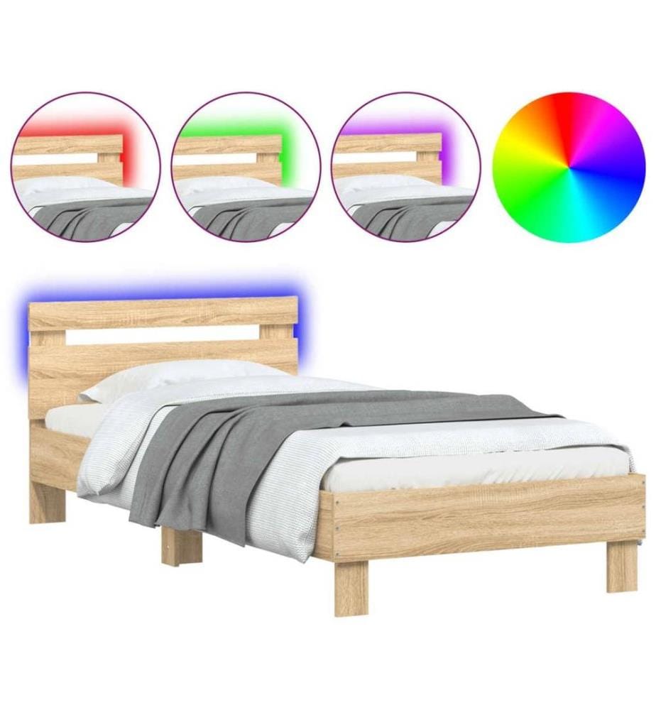Cadre de lit tête de lit et lumières LED chêne sonoma 90x190 cm