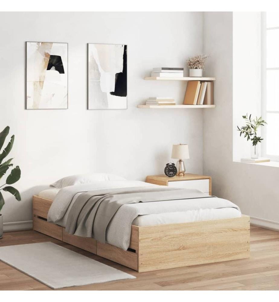 Cadre de lit et tiroirs chêne sonoma 90x200cm bois d'ingénierie