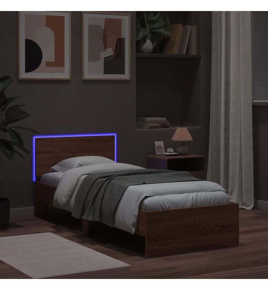 Bettgestell mit Kopfteil und LED-Leuchten Braun Eiche 90x190 cm