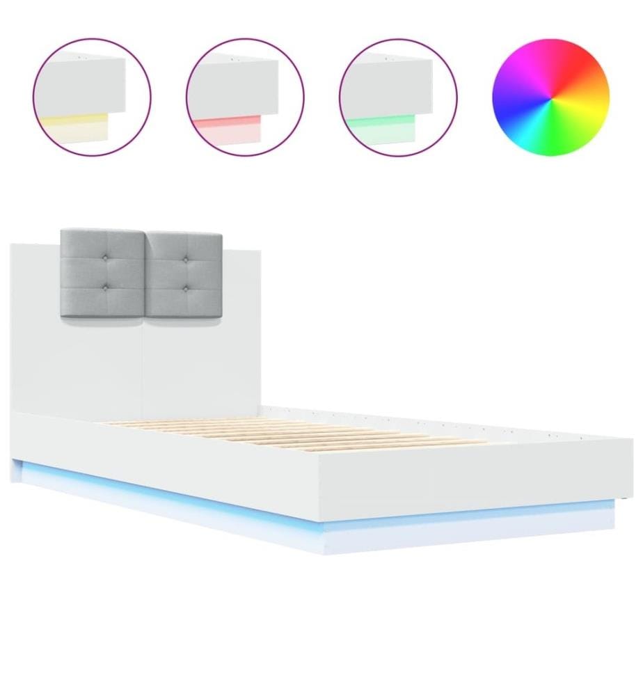 Cadre de lit avec tête de lit et lumières LED blanc 75x190 cm