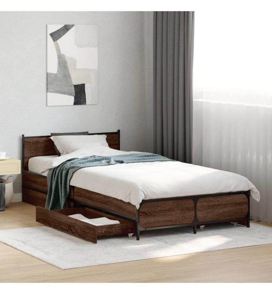 Cadre de lit et tiroirs chêne marron 75x190cm bois d'ingénierie
