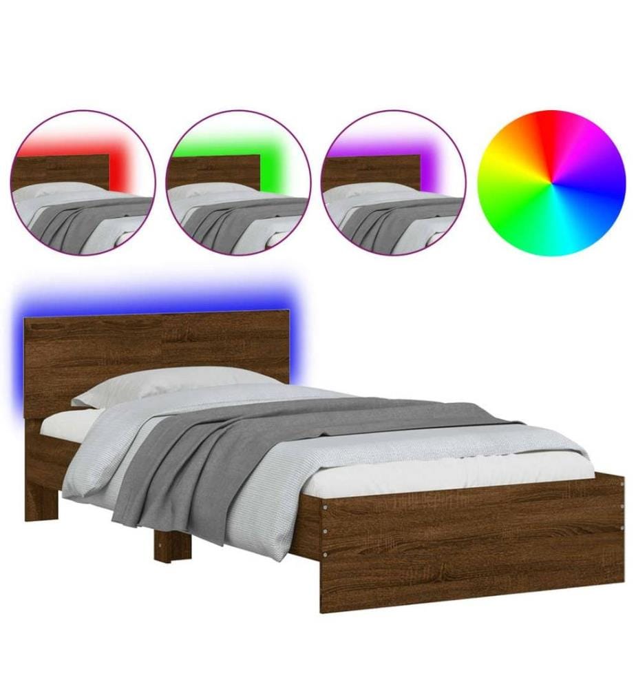 Bettgestell mit Kopfteil und LED-Leuchten Braun Eiche 100x200cm