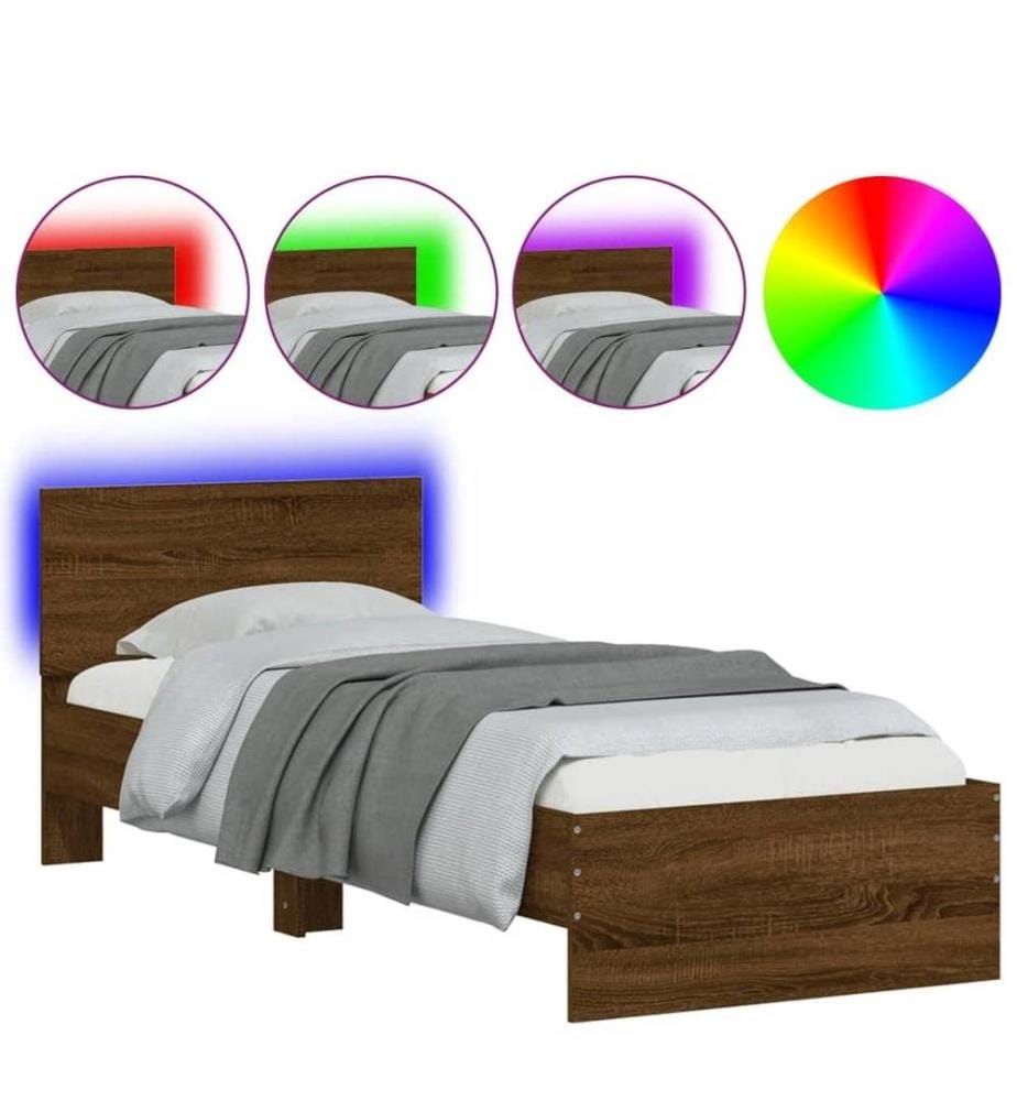 Bettgestell mit Kopfteil und LED-Leuchten Braun Eiche 75x190 cm