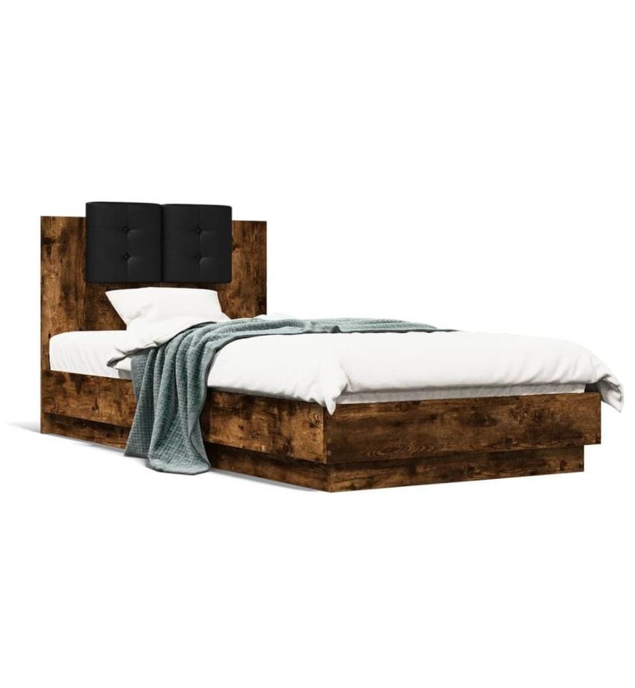 Cadre de lit tête de lit et lumières LED chêne fumé 90x190 cm
