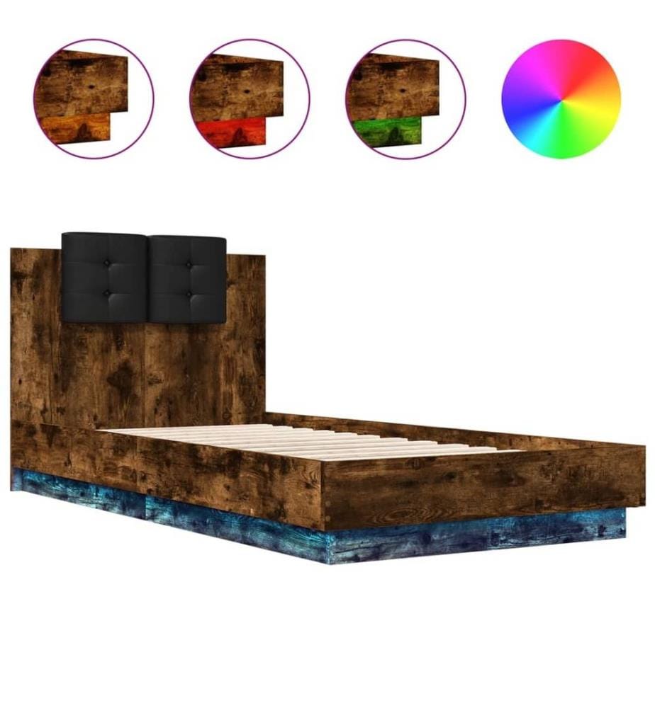 Cadre de lit tête de lit et lumières LED chêne fumé 90x190 cm