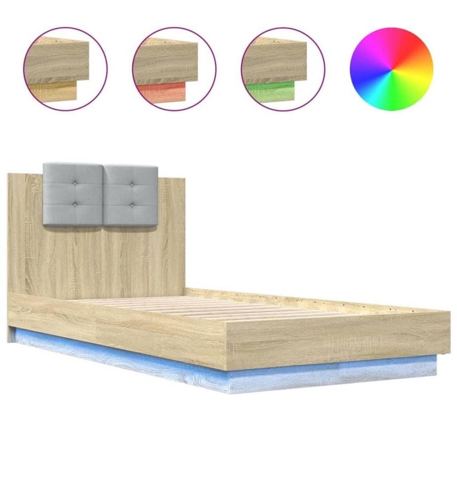 Cadre de lit tête de lit et lumières LED chêne sonoma 90x190 cm
