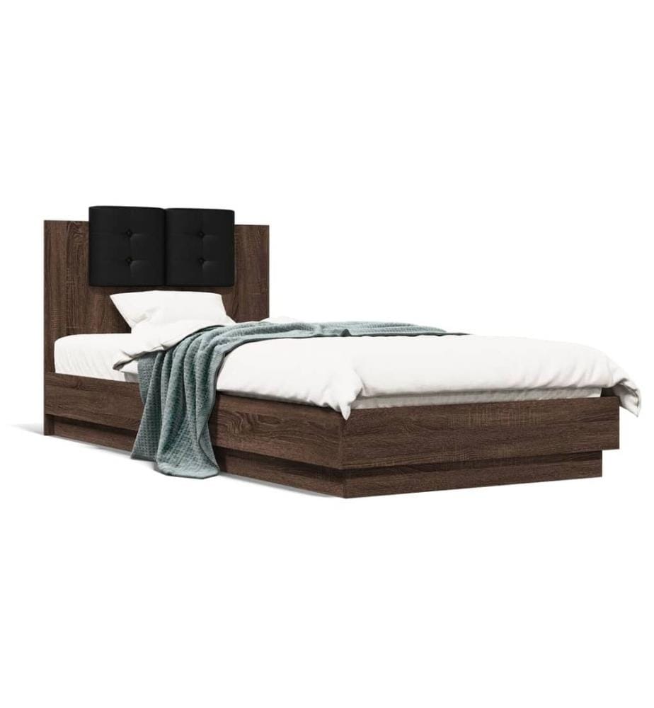 Cadre de lit tête de lit et lumières LED chêne marron 90x200 cm