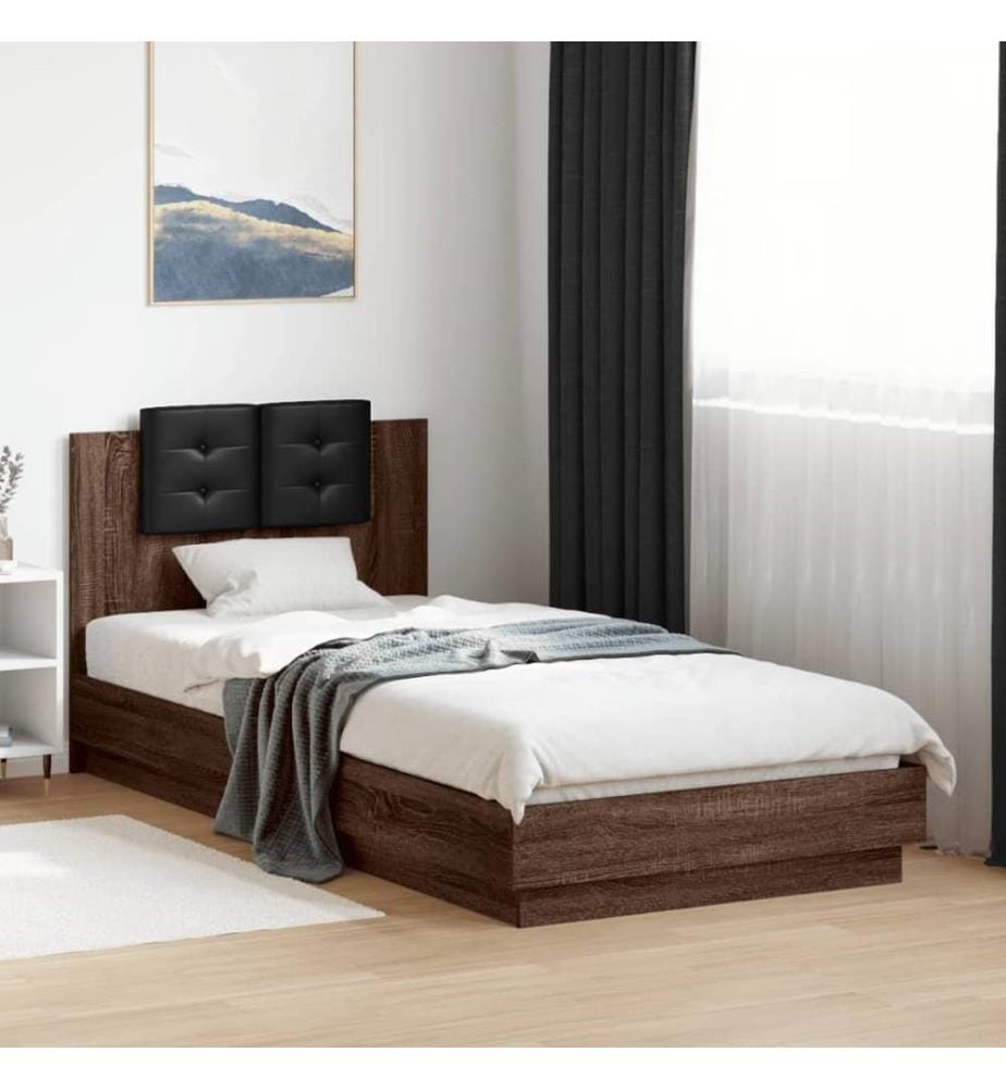 Cadre de lit tête de lit et lumières LED chêne marron 90x200 cm